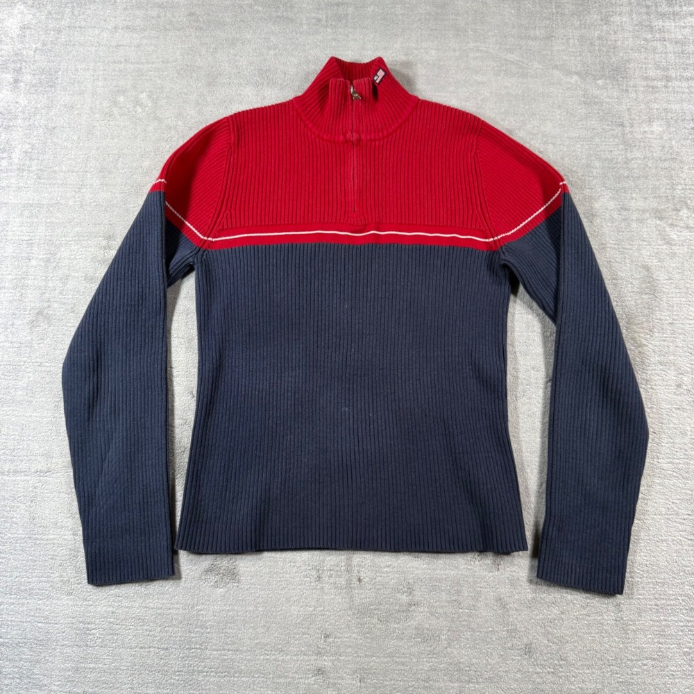 Polo Ralph Lauren Sweater Womens Medium Quarter Zip Navy Colorblock Ribbed Y2K